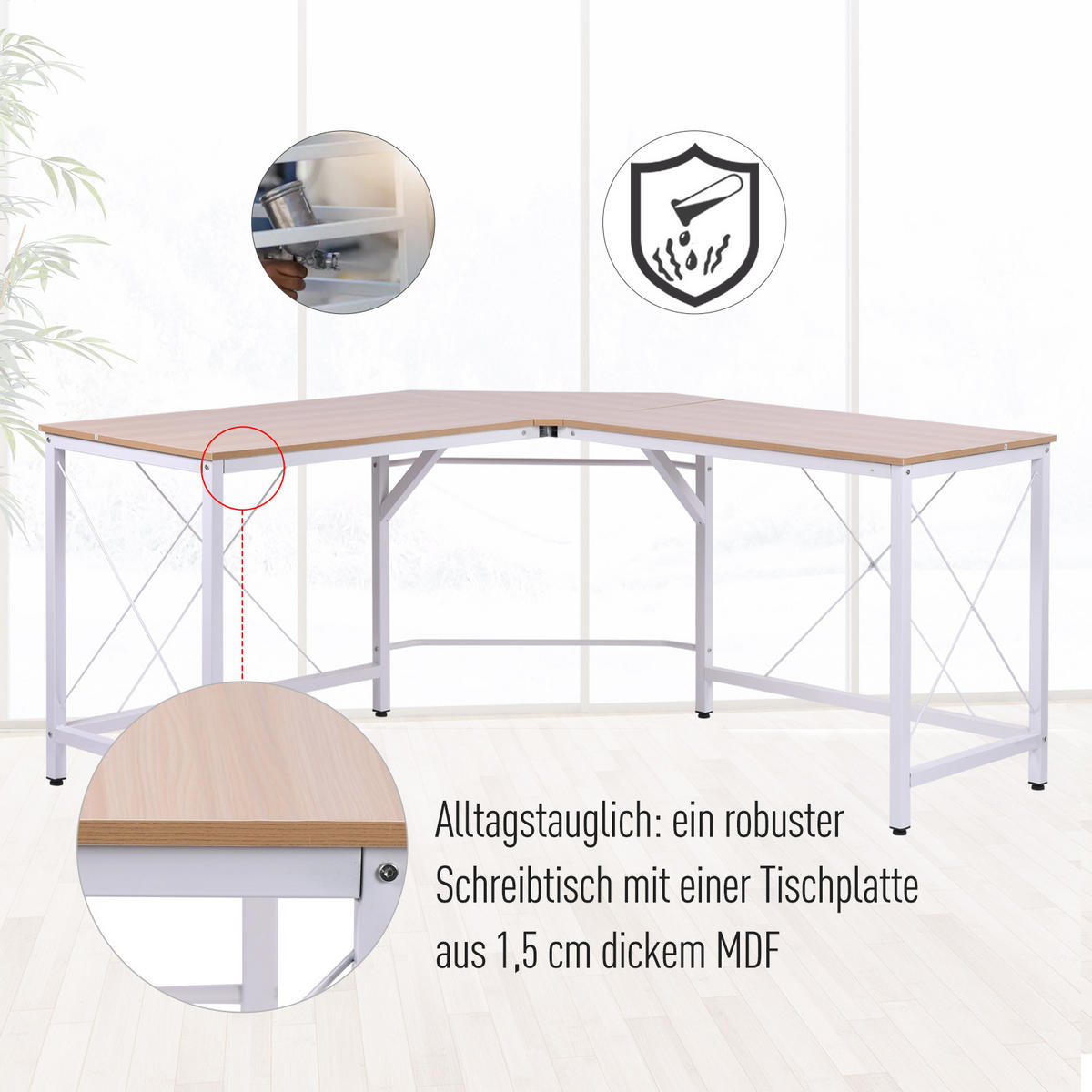 SCHREIBTISCH L-Form, MDF, Natur+Weiß - Naturfarben, Kunststoff (150/150/76cm) - HOMCOM