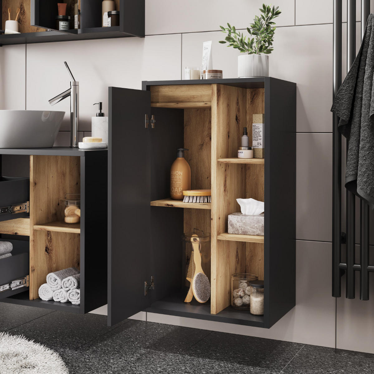 MIDISCHRANK Viola Grau/Artisan 50 x 86 cm mit offenen Regalen - Eiche Artisan/Grau, Holzwerkstoff (50/86/33cm) - Vicco