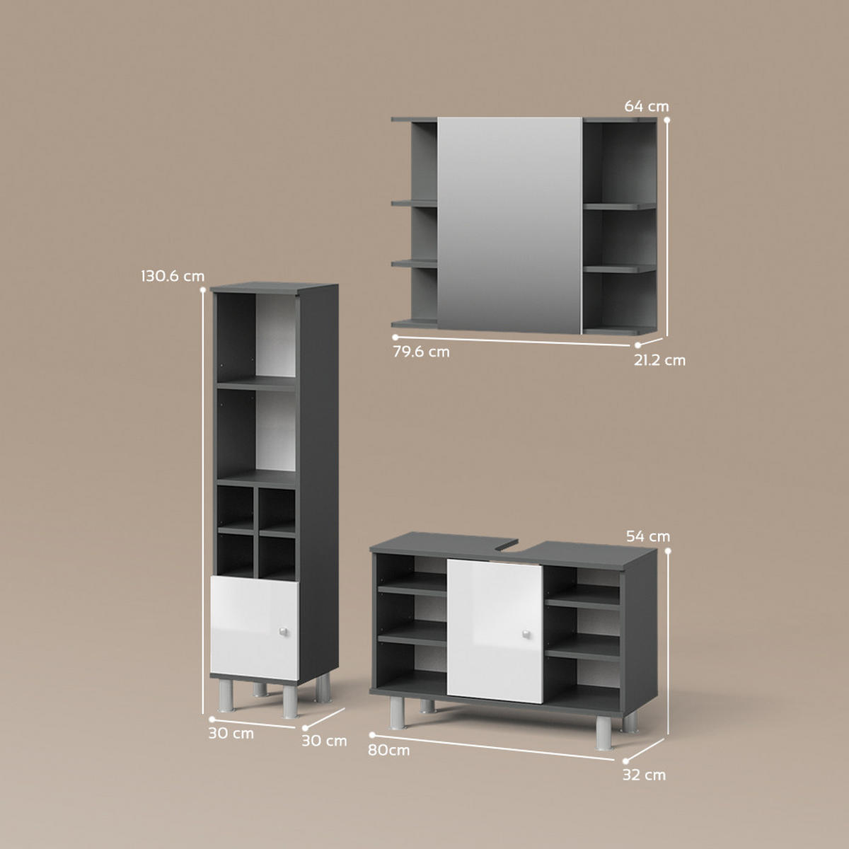 BADMÖBEL-SET Fucino Anthrazit 3 Teile, mit Midischrank Tür klein - Anthrazit/Weiß, Holzwerkstoff (80/54/32cm) - Livinity®