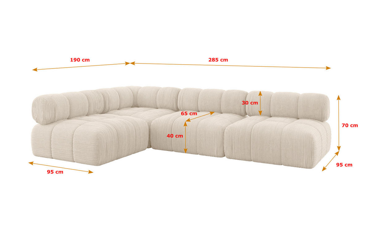 ECKSOFA modulares Sofa Samaro-L2 - 285x190x70 cm Beige Cord - Beige, Holzwerkstoff/Textil (285/190cm) - ALTDECOR