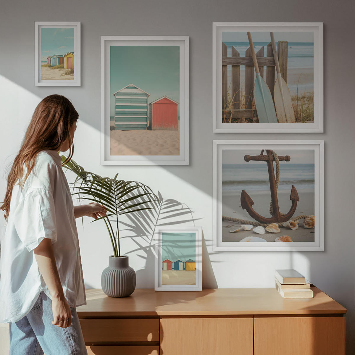 WANDBILDER 5er-Set - 50x50 cm & 20x30 cm & 40x60 cm Weißer Rahmen - Bunte Häuser, Strand, Sonne - Weiß, Kunststoff (40/60cm) - ArtPrintCave