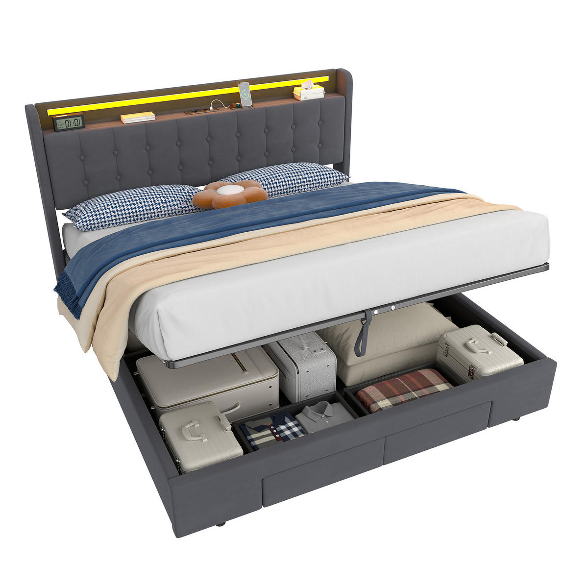 POLSTERBETT 180/200 cm in Dunkelgrau Samt mit Bettkasten, Schubladen und USB/LED-Beleuchtung - Dunkelgrau, Holzwerkstoff/Textil (180/200cm) - CHICFURN