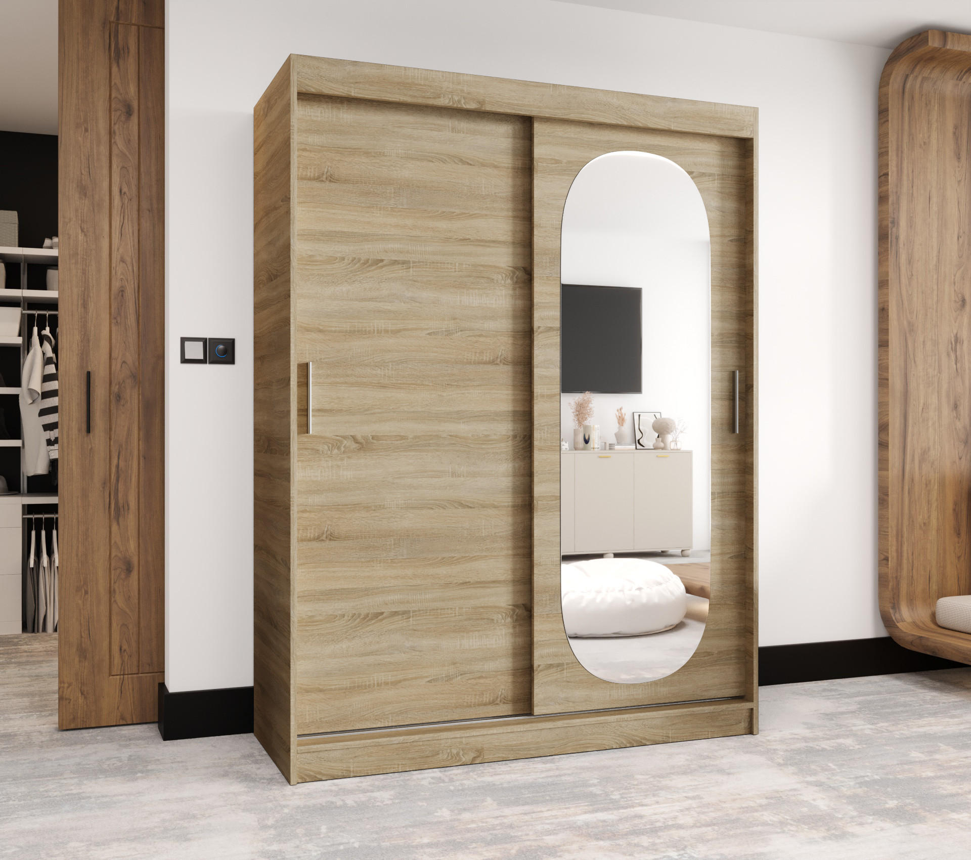 SCHWEBETÜRENSCHRANK 200/150/62 2-türig - Silberfarben/Sonoma Eiche, Holz (150/200/62cm) - MÖBEL KRYSPOL