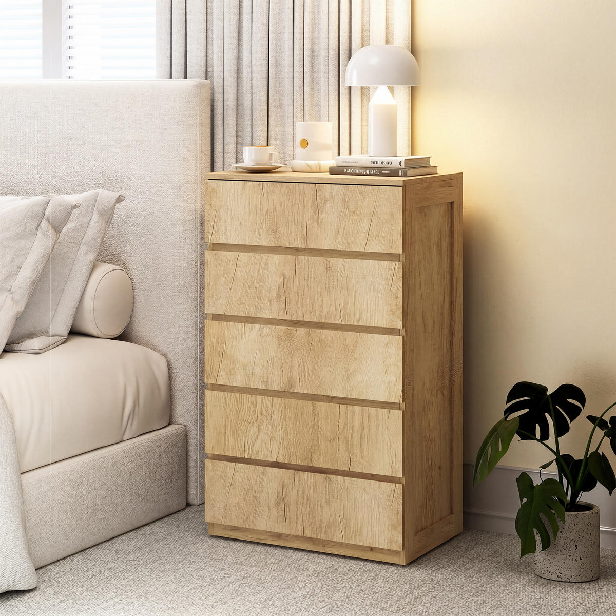 KOMOODE DE-12864 5 Schubladen, grifflos, minimalistisch Naturholz - Naturfarben, Holzwerkstoff (60/100/39cm) - ComfortXL