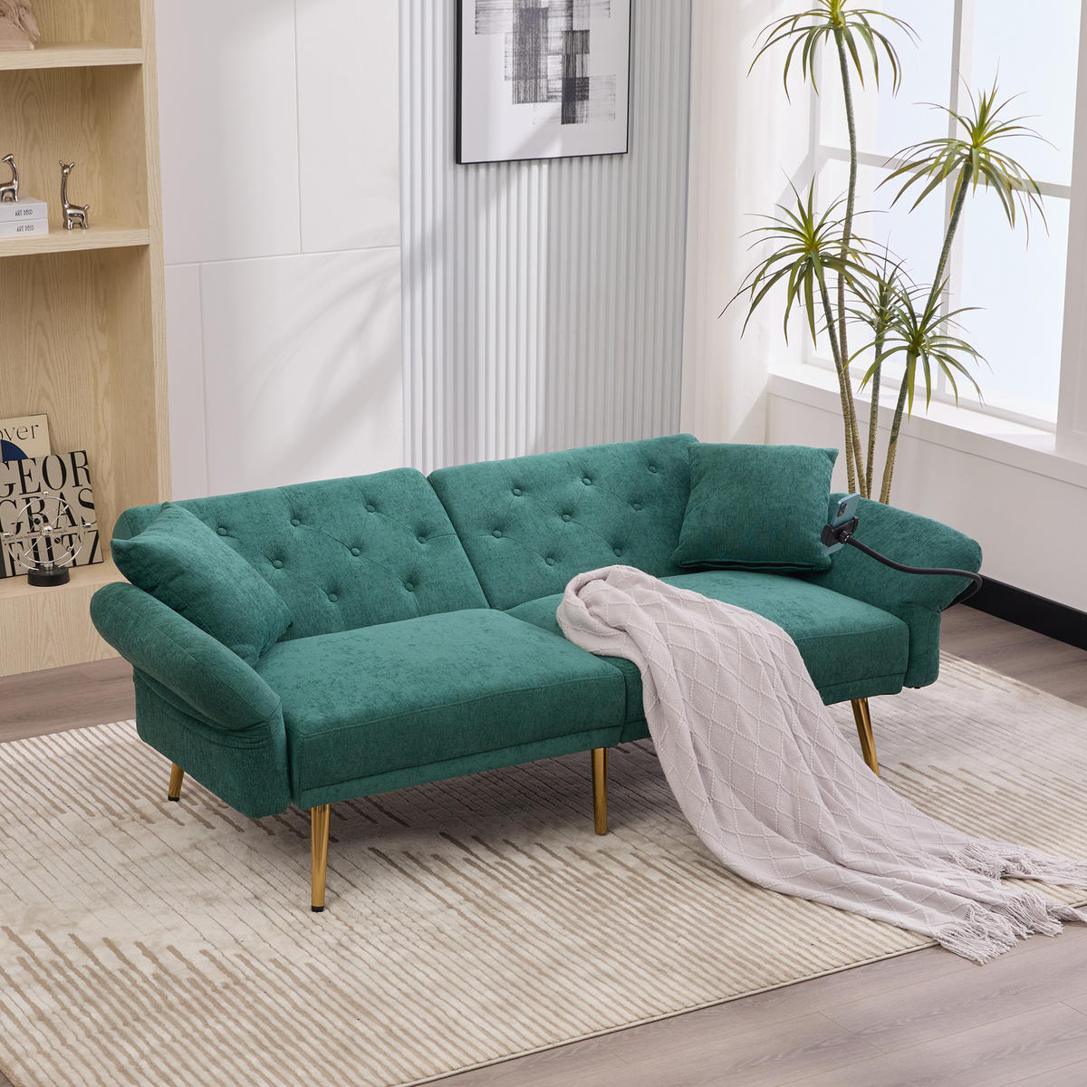 SOFABETT 2-Sitzer mit verstellbarer Rückenlehne & USB-Anschlüssen Chenille Smaragd 173/78/78 cm - Dunkelgrün, Textil (173/78/78cm) - OKWISH