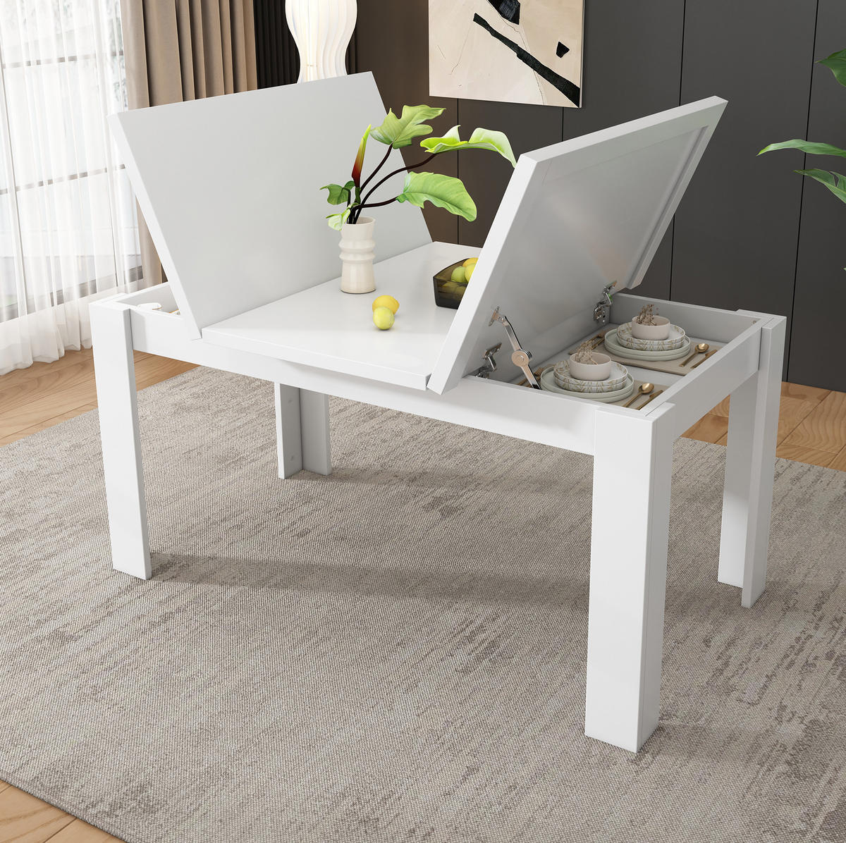 ESSTISCH aus MDF 120x70x75 cm Weiß mit klappbarer Platte und verborgenem Stauraum - Weiß, Holzwerkstoff (120/70/75cm) - Modfu