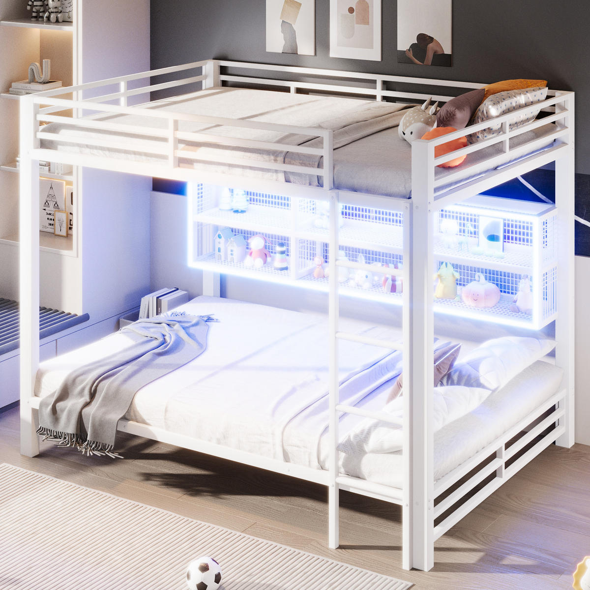 ETAGENBETT 140/200 cm weiß aus Metall mit 6 Stauraumschränken und LED - Weiß, Metall (140/200cm) - OKWISH