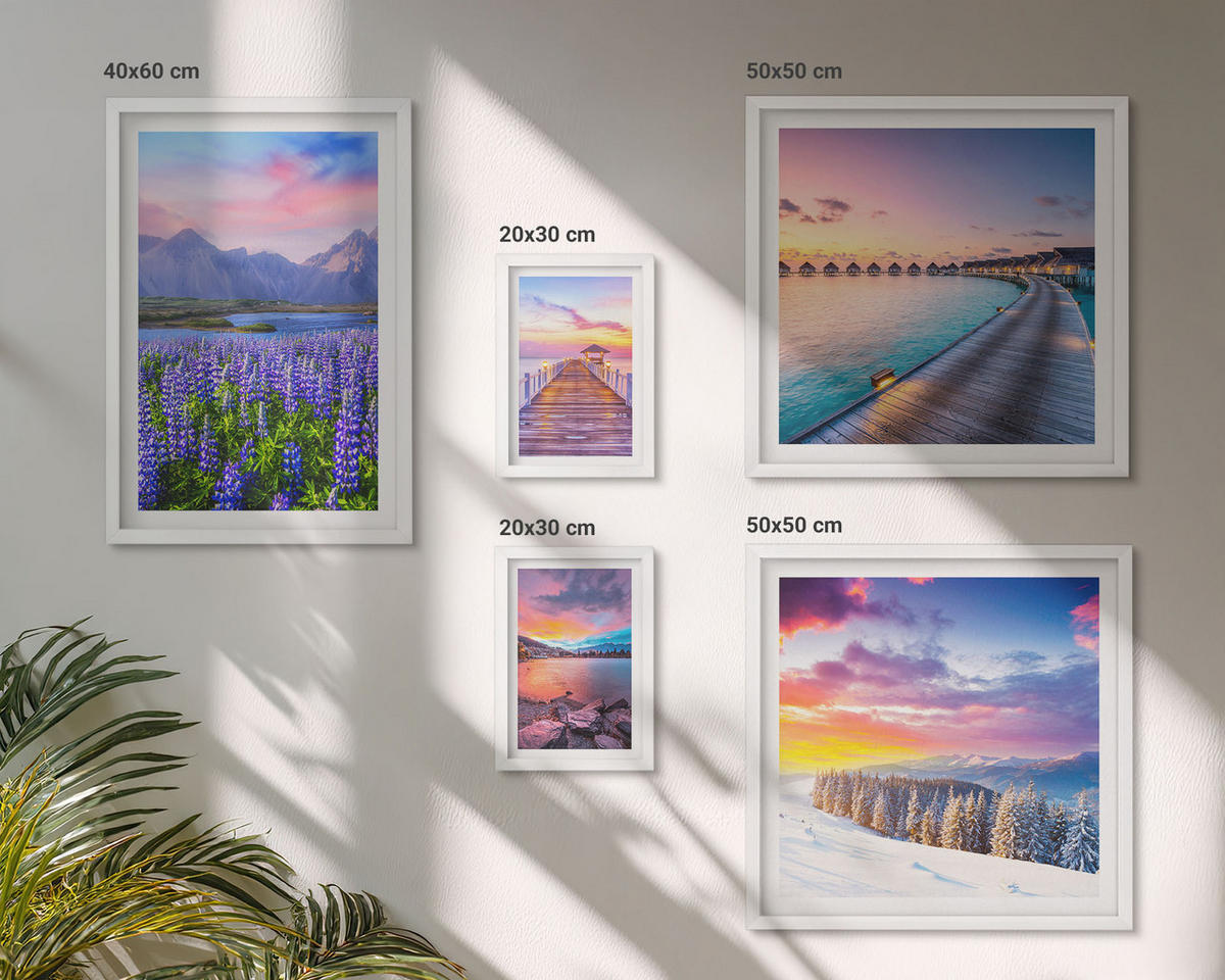 WANDBILDER 5er-Set - 50x50 cm & 20x30 cm & 40x60 cm Weißer Rahmen - Winterlandschaft des Pierbergs - Weiß, Kunststoff (40/60cm) - ArtPrintCave