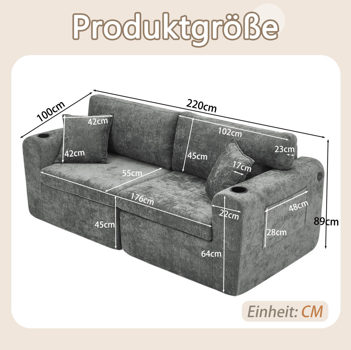 2-SITZER-RELAXSOFA mit USB und Getränkehalter Chenille Gray - Grau, Kunststoff (220/89/100cm) - Meubliv