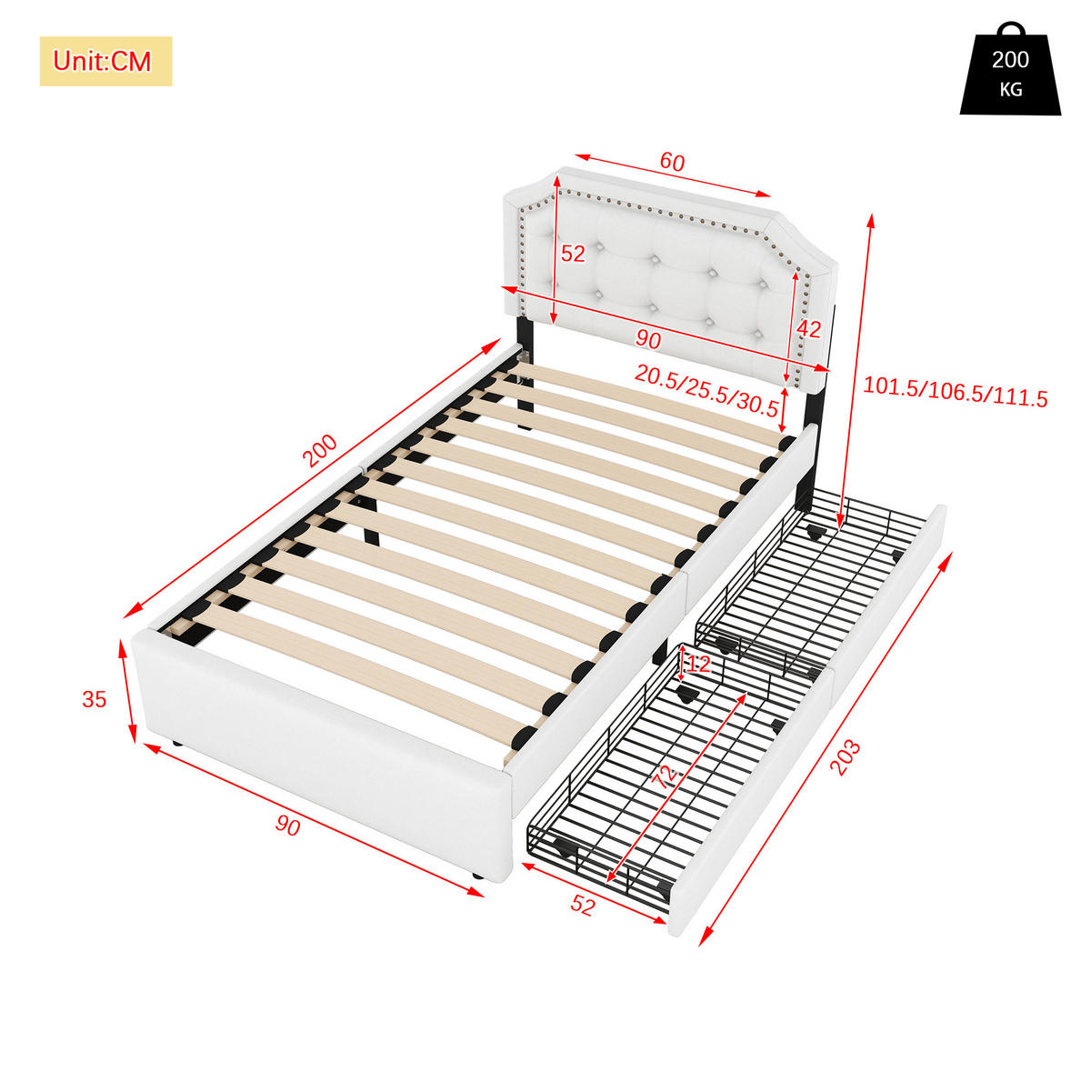 POLSTERBETT 90/200 cm Hellbeige mit Schubladen und dekorativen Nieten - Ecru, Holzwerkstoff (90/200cm) - OKWISH
