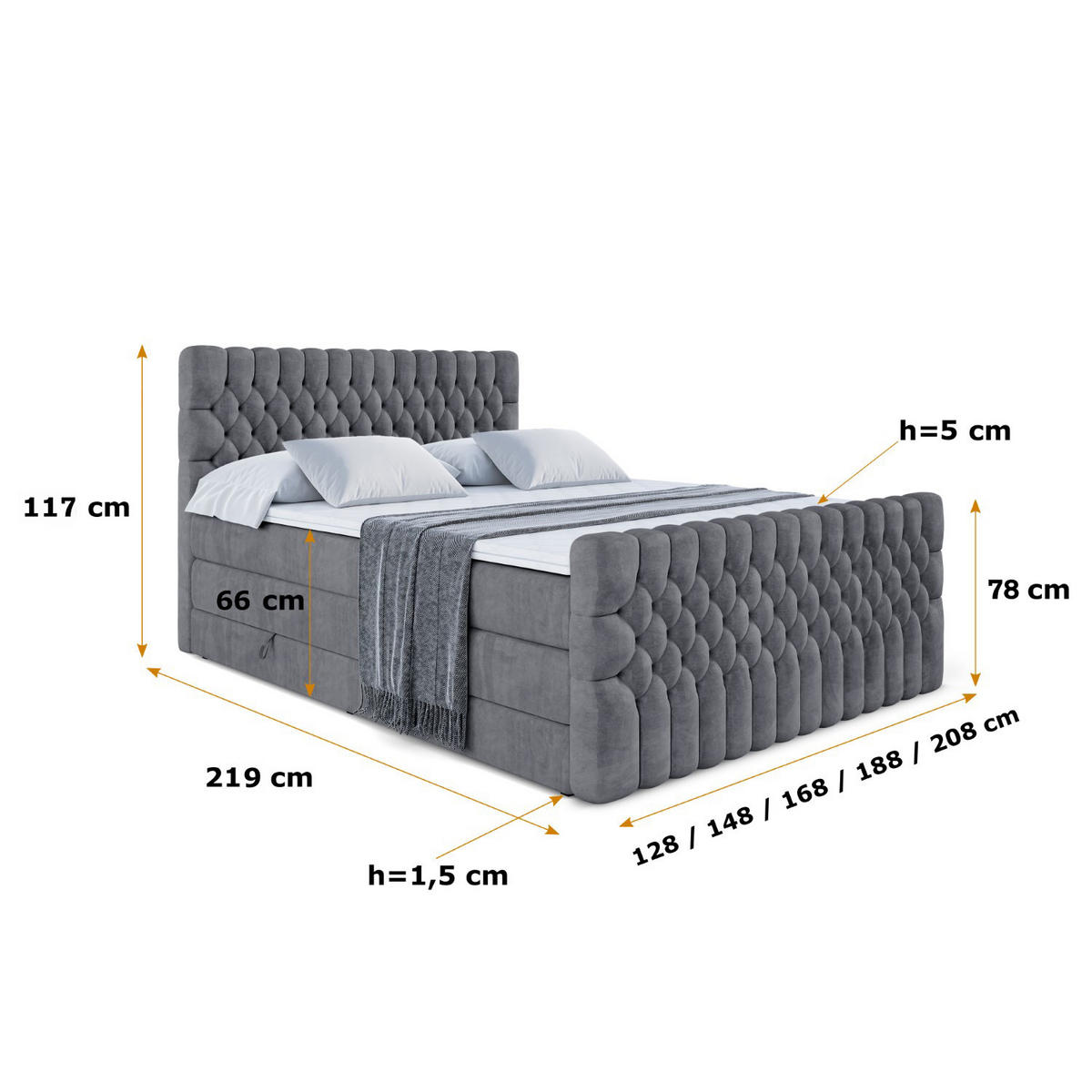 BOXSPRINGBETT SERENE-Z KING - 160 x 200 - H3/H4 - Dunkelgrau - Dunkelgrau, Holzwerkstoff (160/200cm) - ALTDECOR