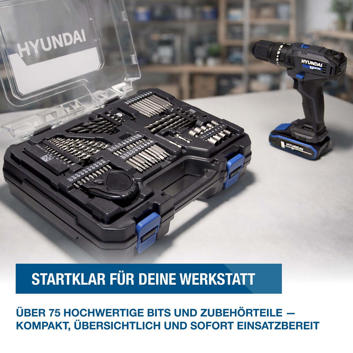 AKKU-SCHLAGBOHRSCHRAUBER 20V, 50 Nm – Set inkl. Akku, Ladegerät & 75-teiligem Zubehör - Blau, Kunststoff (39/30/13cm) - HYUNDAI
