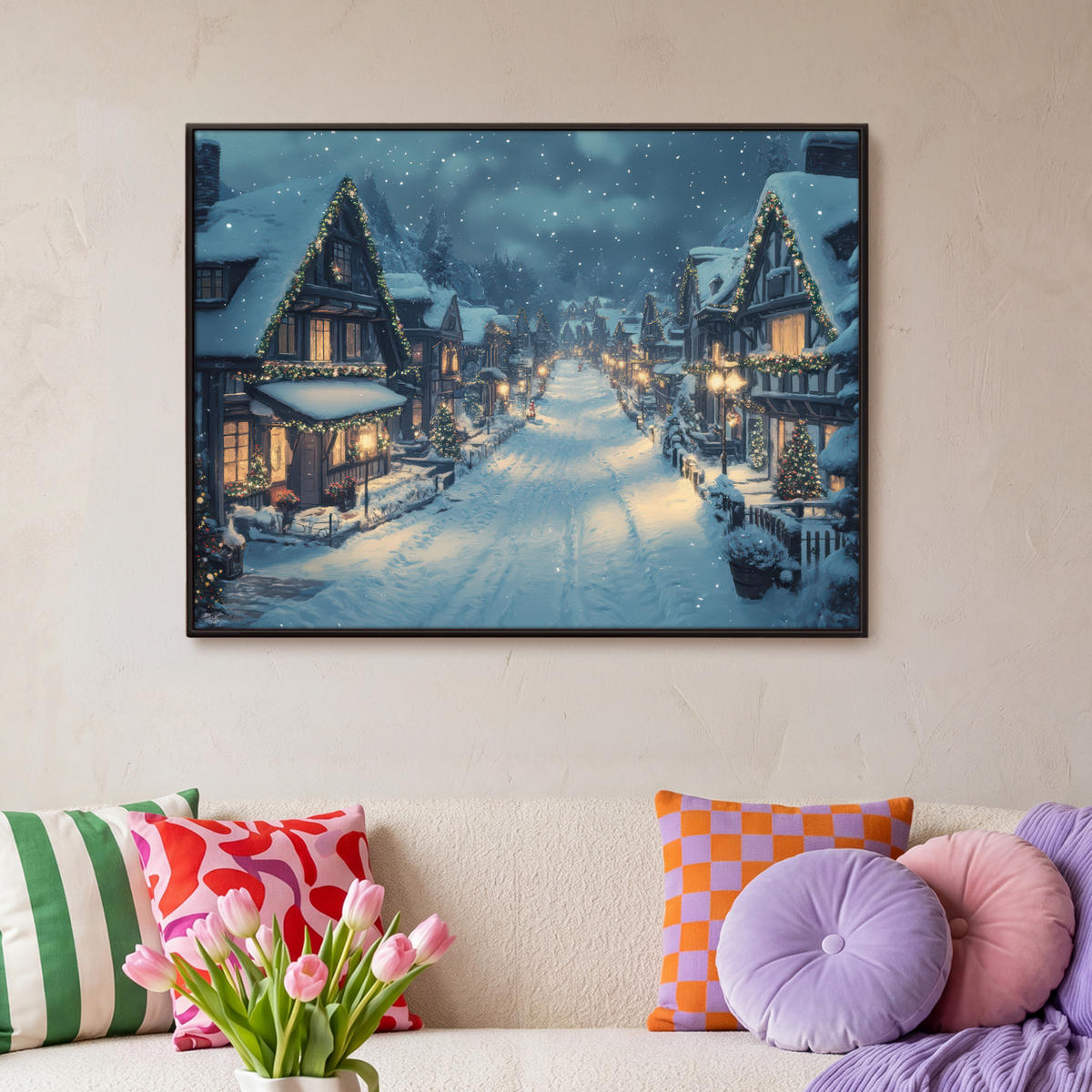 LEINWAND Bilder mit Rahmen - Weihnachtsdorf - Weihnachten - Schnee - Winter - 100x70 - Dunkelblau, Textil (100/70cm) - MuchoWow