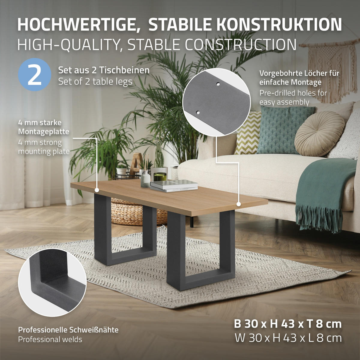 TISCHBEINE 2er Set 30 x 43 cm Anthrazit - Anthrazit, Metall (30/8/43cm) - ECD-Germany