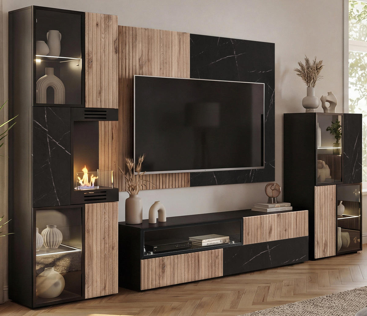 TV-LOWBOARD schwarz, Vicking Eiche, Marmor schwarz 160 x 42 cm, TV Unterteil mit Push-to-Open - Eichefarben/Schwarz, Holzwerkstoff/Kunststoff (160/42/45cm) - Inn.Furn