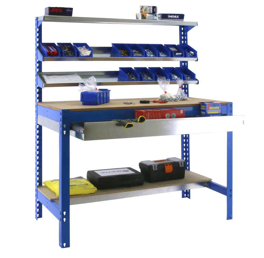 WERKBANK BUFFALO mit Frontablage und Schubfach | HxBxT 84x90x61cm | Traglast 400kg | Blau - Blau, Metall (90/84/61cm) - PROREGAL