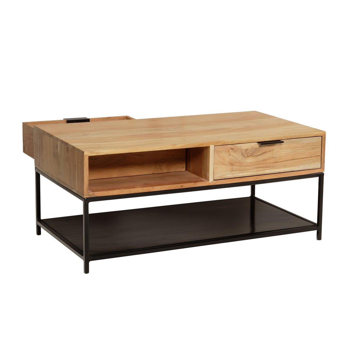 COUCHTISCH Akazie Massivholz Metall 90x50x40cm mit Schubladen Moderner Stauraum - Schwarz/Akaziefarben, Holz/Metall (50/90/40cm) - KADIMA DESIGN