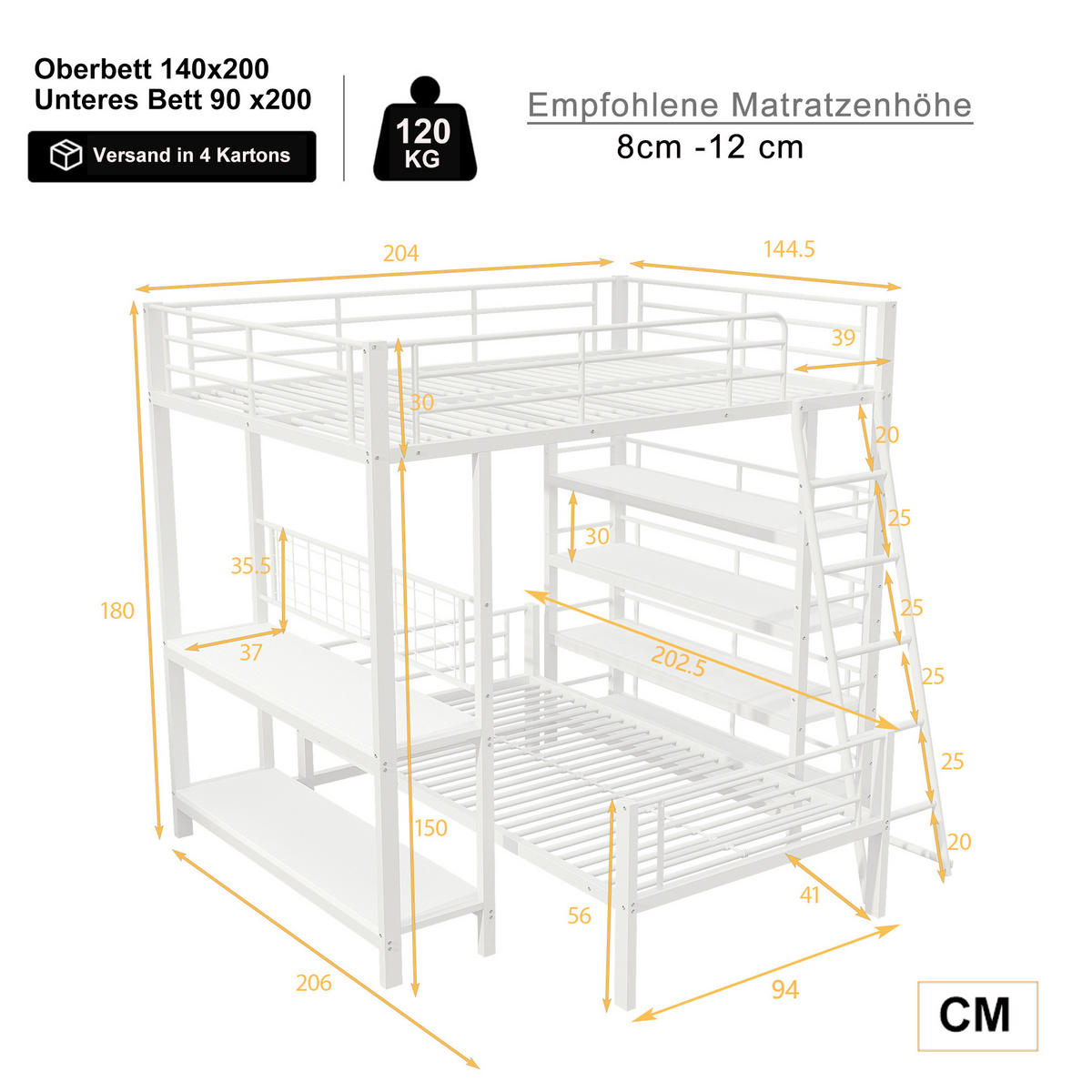 ETAGENBETT 140/200 & 90/200 cm trennbar mit Ablagefächern und Metallrahmen, Weiß - Weiß, Metall (140/200cm) - Redom