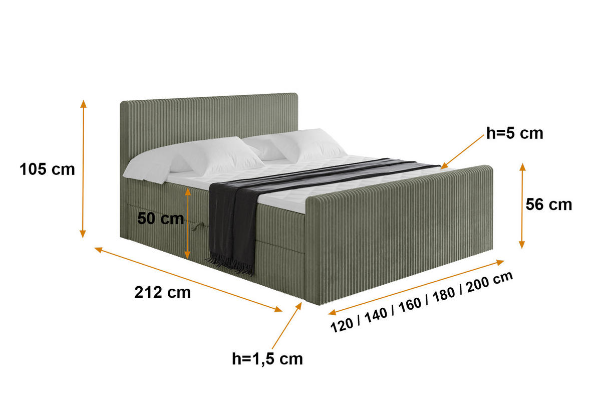 BOXBETT mit Matratze H3 und Lattenrost - TOLO-Z - 200x200 Cord - Olive - Olivgrün, Holzwerkstoff (200/200cm) - ALTDECOR