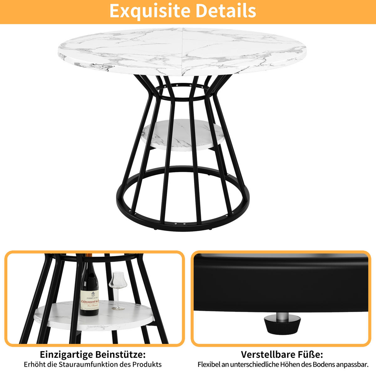 ESSTISCH 100/100/76 cm schwarz mit Ablage und verstellbaren Füßen aus MDF und Metall - Schwarz, Holzwerkstoff (100/100/76cm) - OKWISH