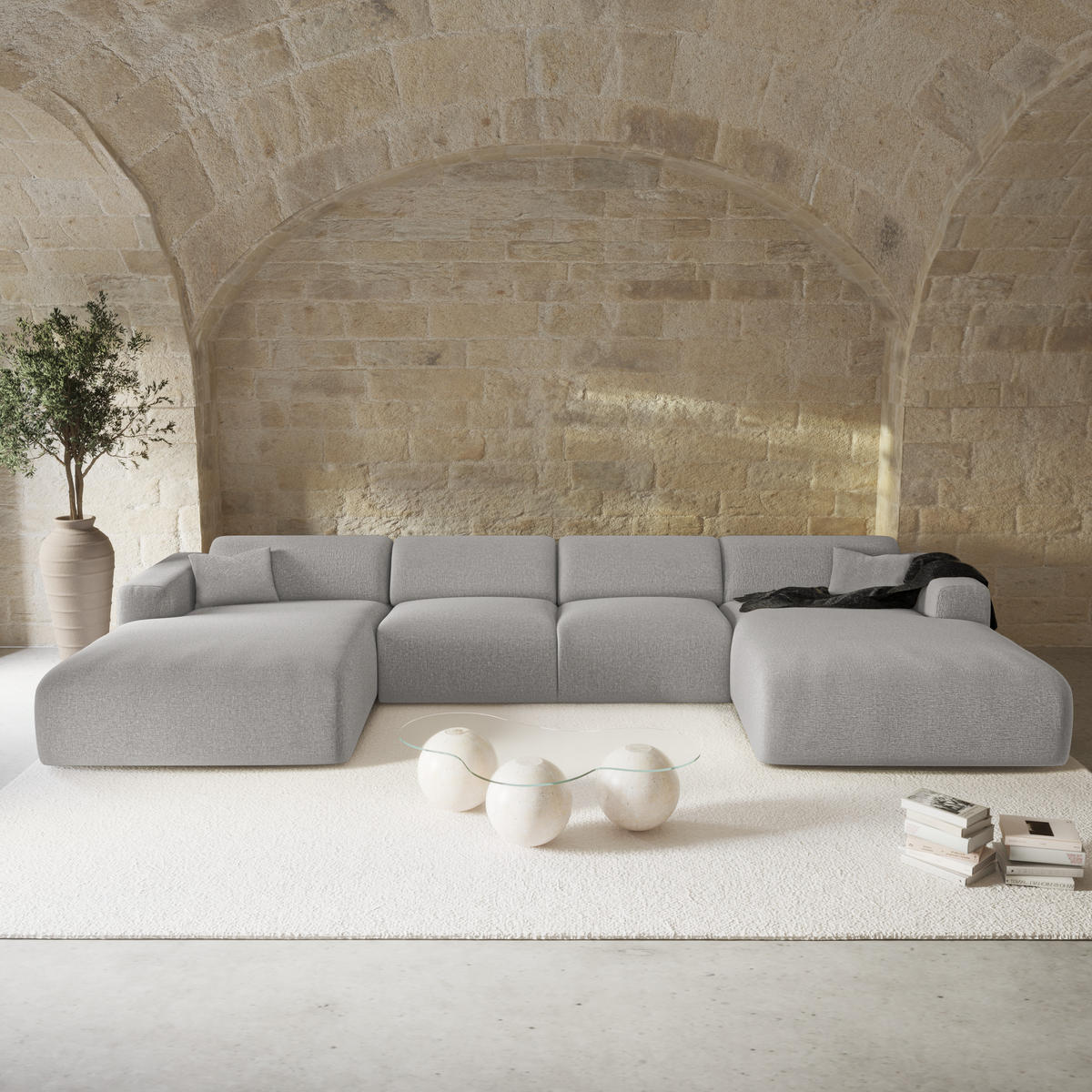 WOHNLANDSCHAFT Rastergewebe Hellgrau 356cm - Hellgrau/Grau, Textil (356/73/166cm) - Sia Home
