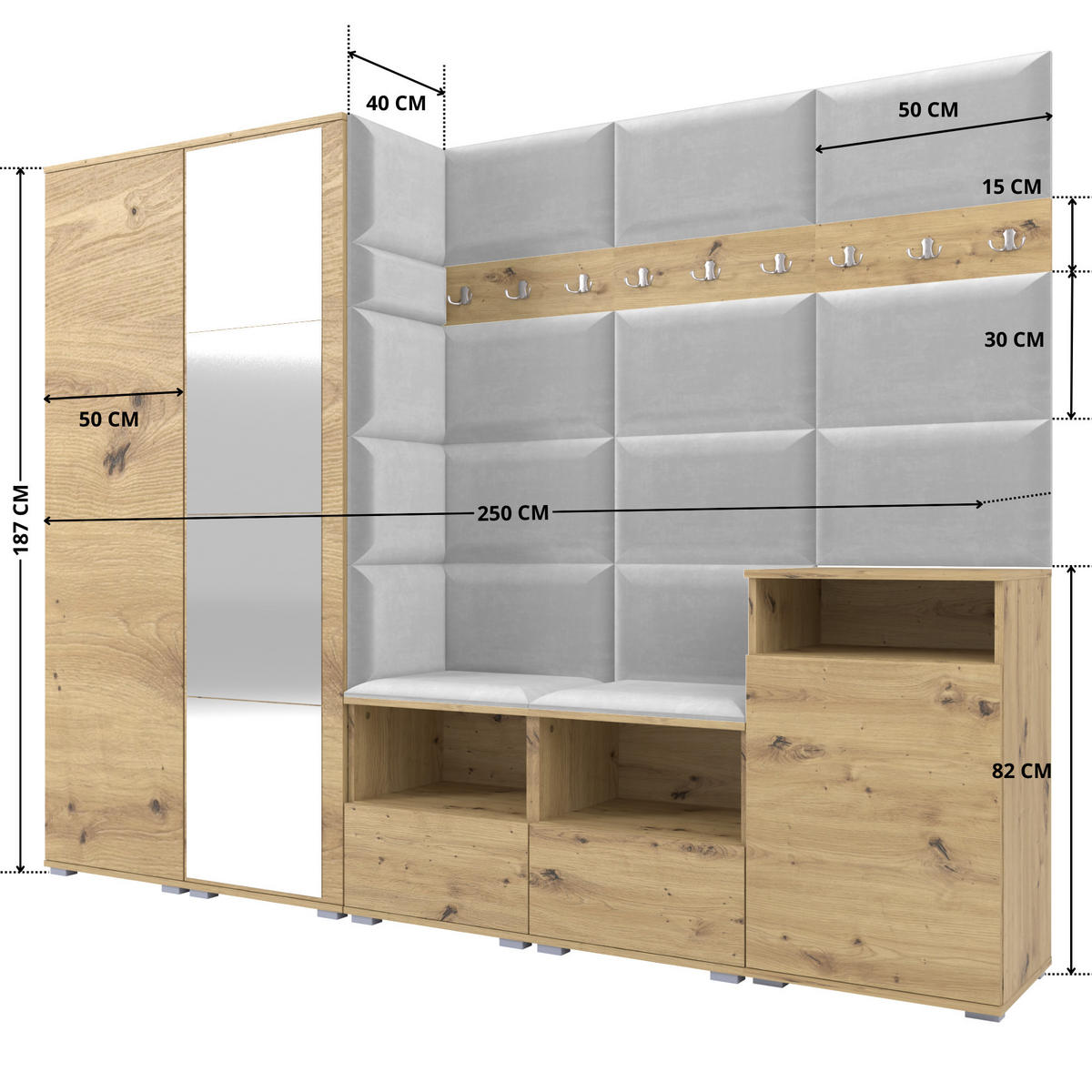 GARDEROBE NELA VIII 250 cm (Modulare Flurmöbel Artisan Eiche mit Spiegel & Sitzpolster Hellgrau 32 Set XL) - Silberfarben/Hellgrau, Holz/Holzwerkstoff (250/187/40cm) - Ravio