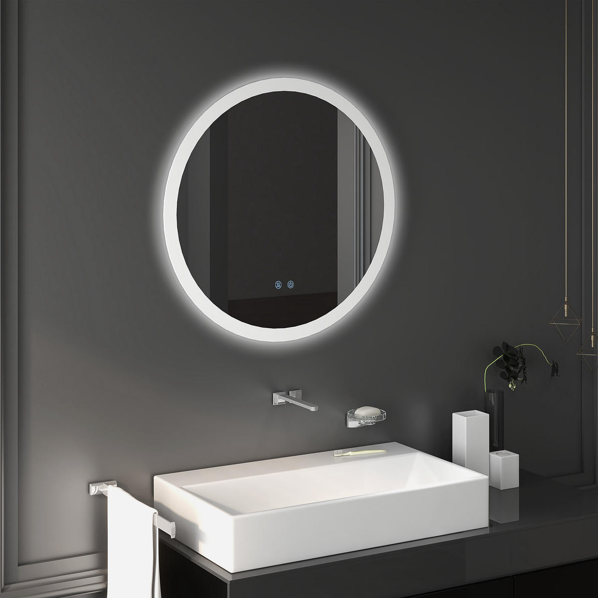 BADSPIEGEL mit Beleuchtung, Ø70 cm Wandspiegel mit 3 Lichtfarben, Anti-Beschlag - Silberfarben, Glas (70/3/70cm) - Kleankin