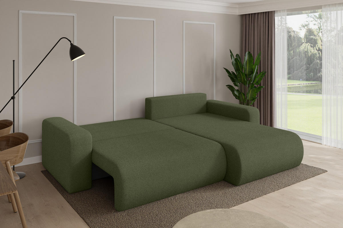 ROHOVÁ SEDAČKA s funkcí spaní, otoman vpravo BERY-L 276x193x88 zelená bouclé - černá/zelená barva, kompozitní dřevo/textil (276/193cm) - ALTDECOR