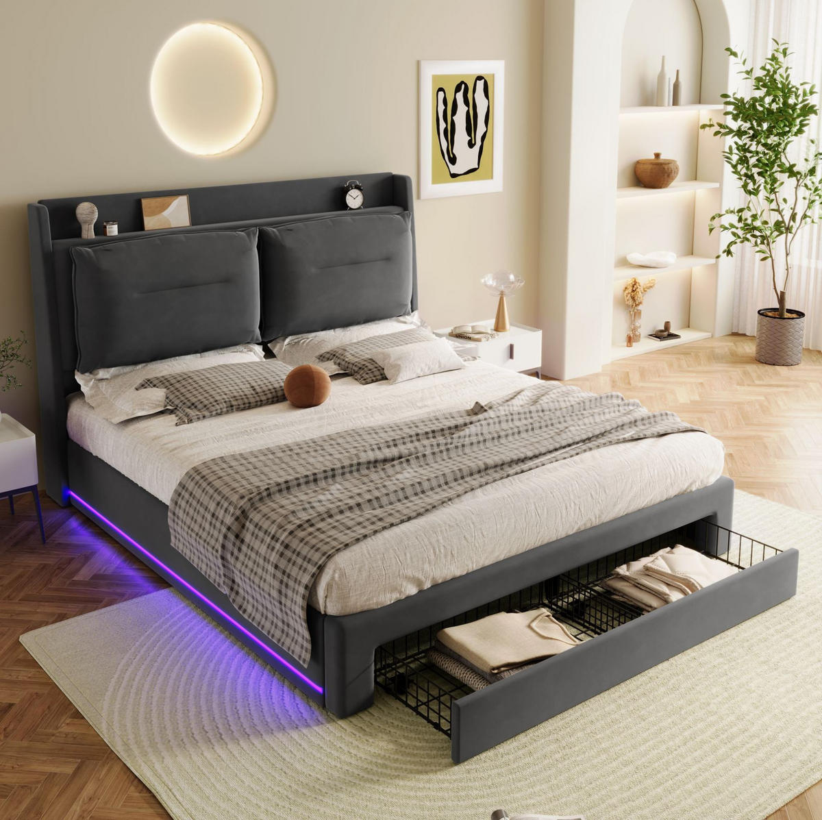 POLSTERBETT 140/190 cm Grau aus Samt mit Stauraum und LED-Beleuchtung - Dunkelgrau, Textil (140/190cm) - Flora Grace