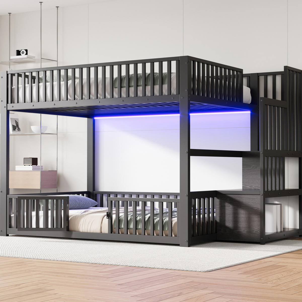 ETAGENBETT 140/200 cm schwarz aus Metall/MDF mit LED - Schwarz, Holzwerkstoff (140/200cm) - OKWISH