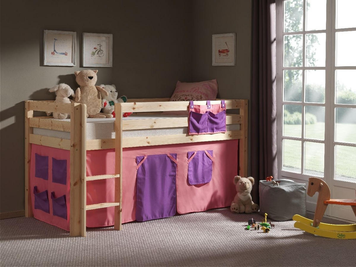 KINDERBETT Karolina 210x114x106 Massivholz Natur Textilset Bella - Violett/Kieferfarben, Holz (90/200cm) - 58aufmkessel