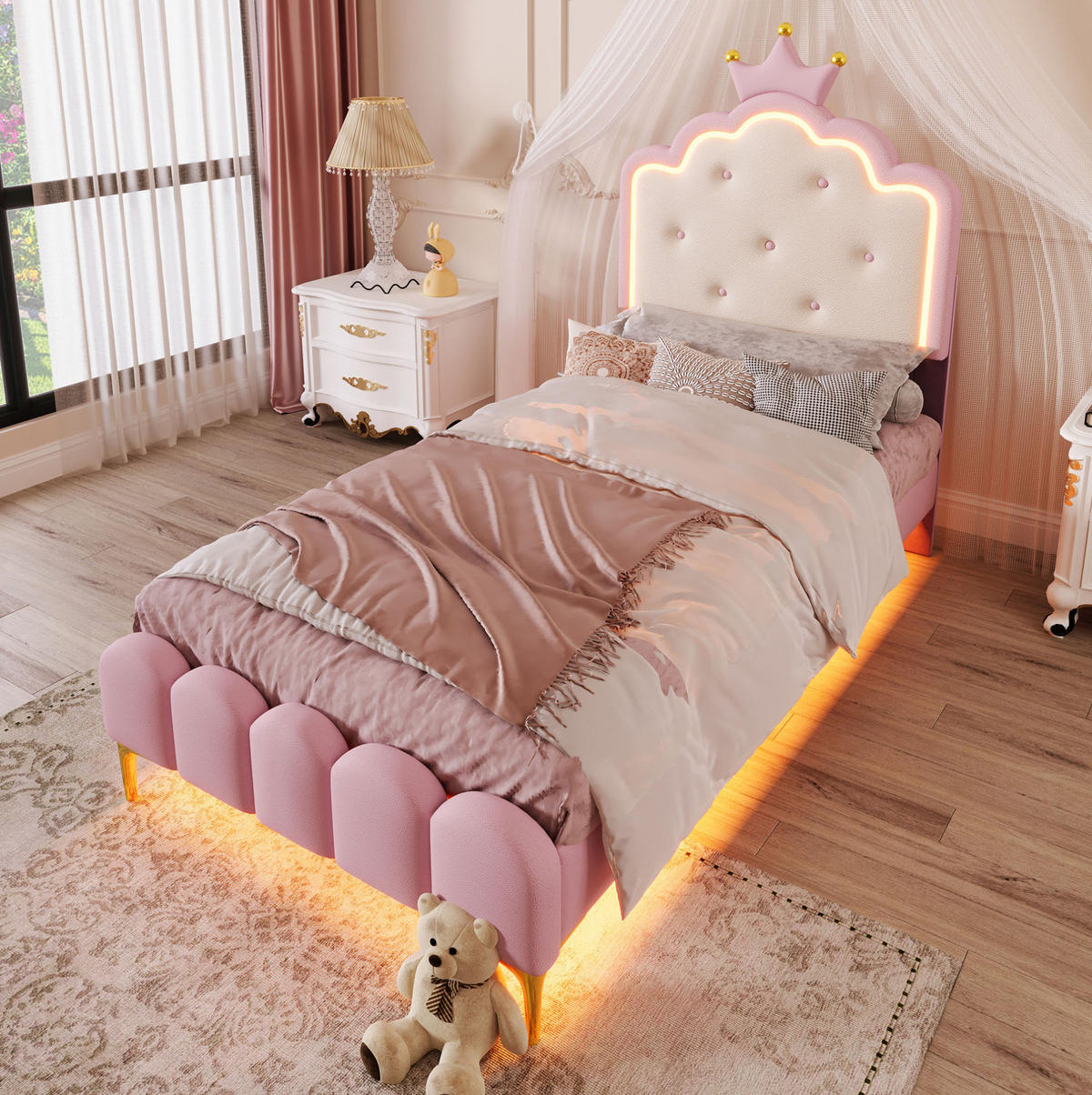 POLSTERBETT 90/200 cm mit Lattenrost und LED-Ambientebeleuchtung in Kronenform, Rosa - Rosa, Kunststoff (90/200cm) - Redom