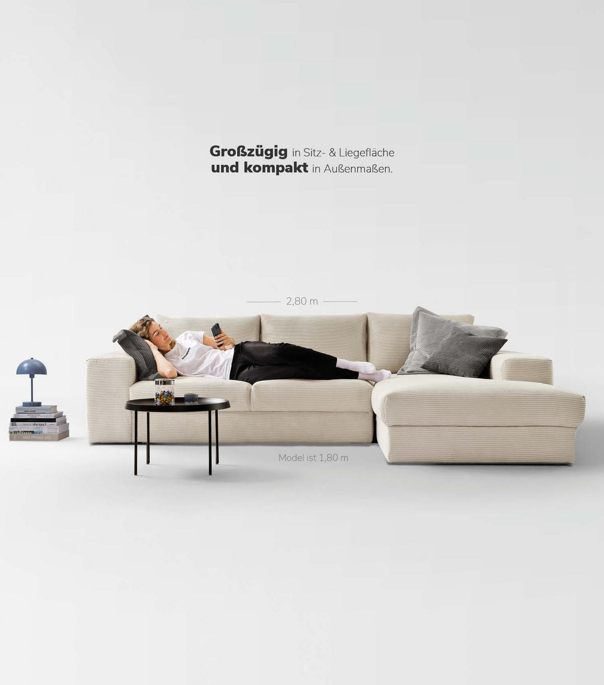 ECKSOFA Der Klassiker Recamiere rechts - Beige, Textil (280/190cm) - Mokebo