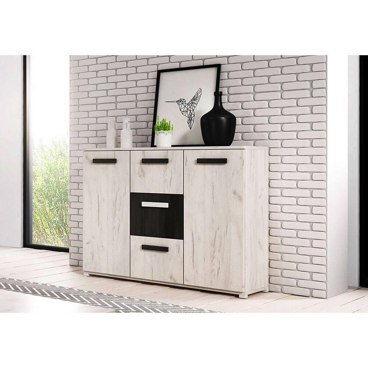 KOMMODE 120/102/42 cm VIVA 3S2D Craft Eiche Weiß, Craft Eiche Weiß + Schwarze Norwegische Kiefer - Schwarz/Weiß, Holz (120/102/42cm) - imoebel24