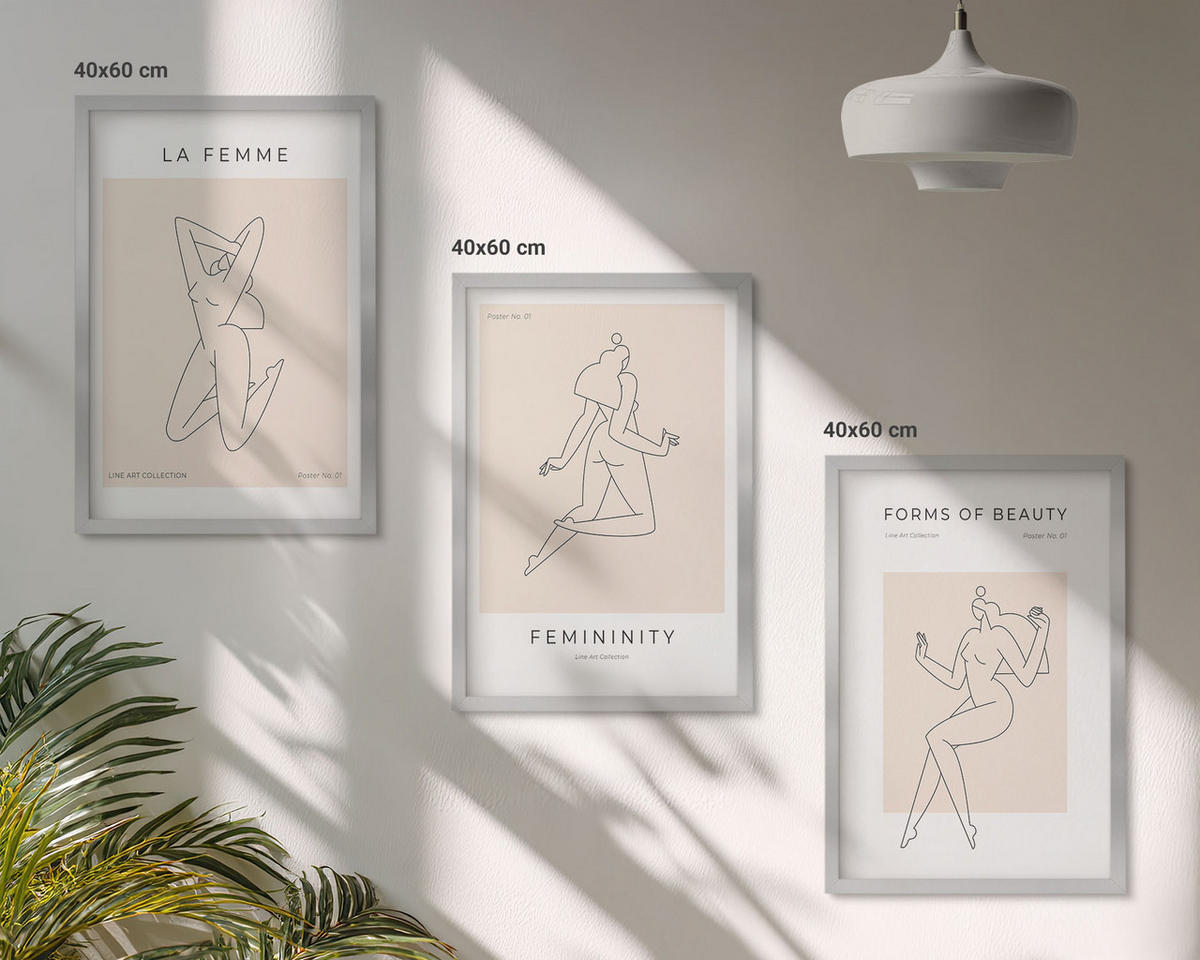 WANDBILDER 3er Set - 40x60 cm Silberner Rahmen - Poster mit minimalistischen Frauensilhouetten - Silberfarben, Kunststoff (40/60cm) - ArtPrintCave