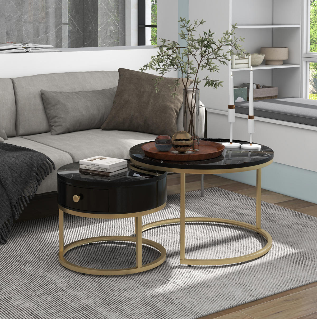COUCHTISCH-SET 70/70/48 und 50/50/43,5 cm, rund, aus MDF mit Nesting-Design, Hochglanz-Marmormuster und Metallgestell, Schwarz - Schwarz, Holzwerkstoff (70/70/48cm) - Redom
