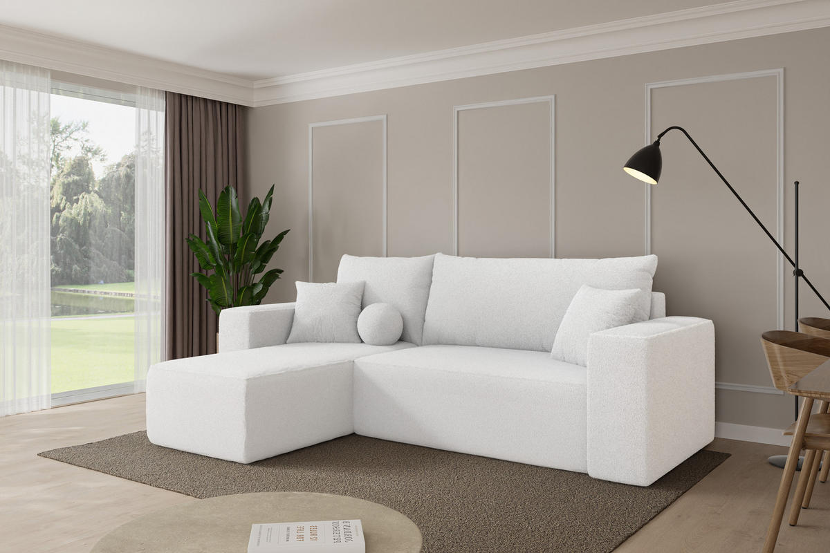 ROHOVÁ SEDAČKA s funkcí spaní, otoman vlevo SENO-L 249x139x85 bílá bouclé - bílá/černá, kompozitní dřevo/textil (249/139cm) - ALTDECOR