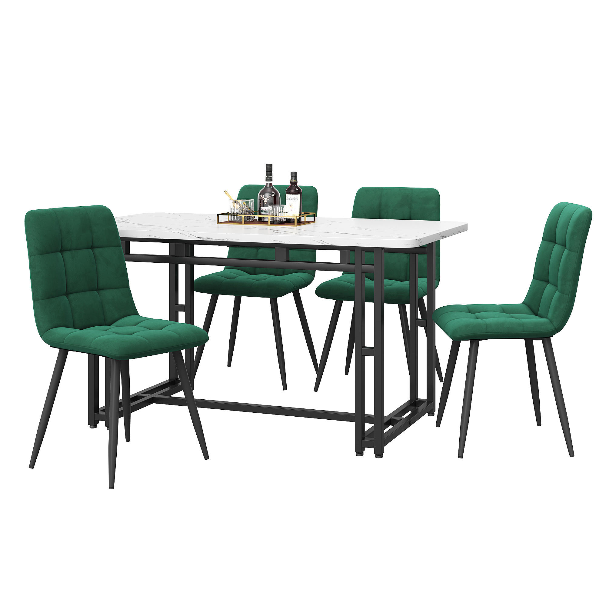 ESSZIMMER-SET 5-teilig mit Küchentisch 120x70 und vier grünen Samtstühlen für Küche und Wohnbereich, weiß-grün - Grün, Holzwerkstoff (70/74/120cm) - Luhomfu