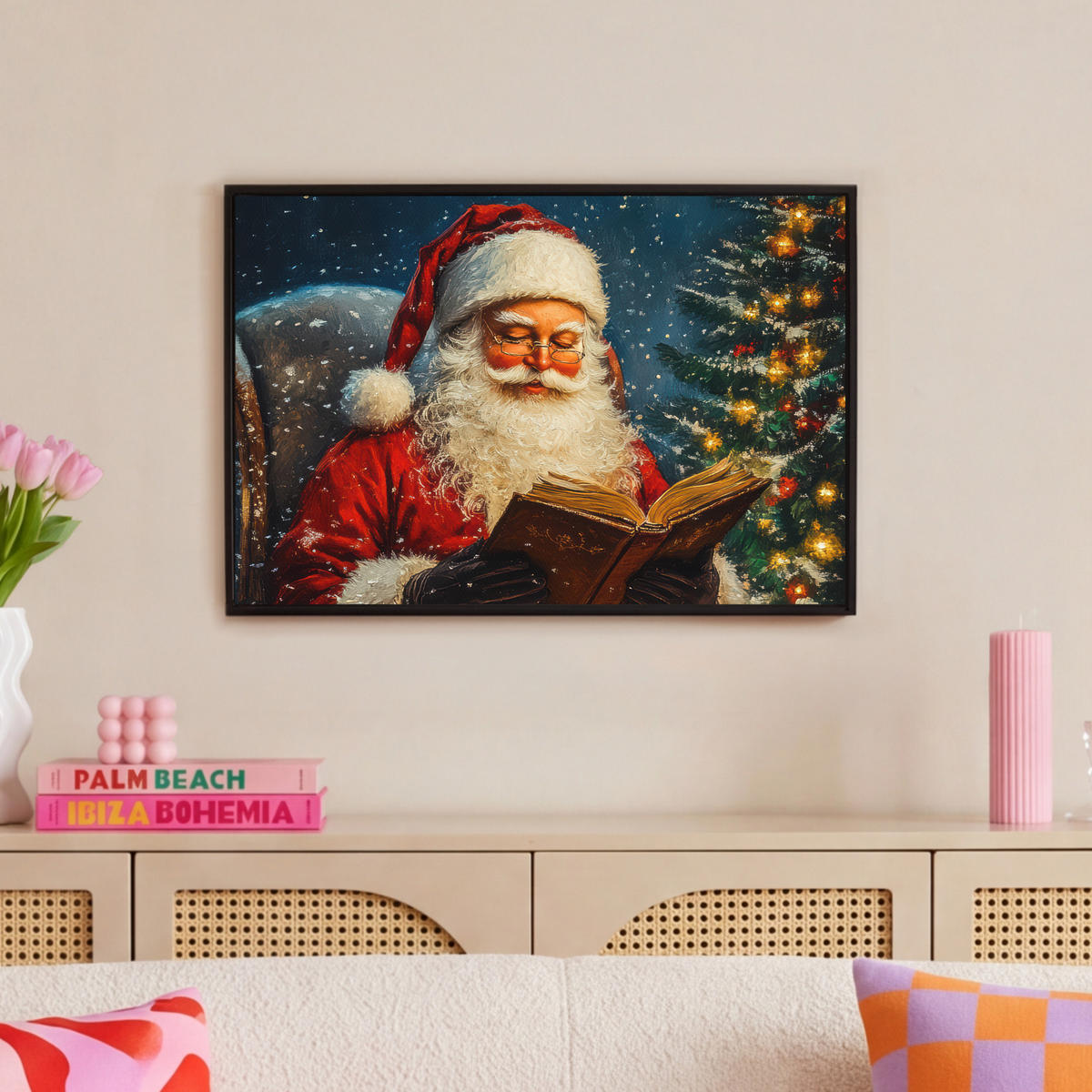 LEINWAND Bilder mit Rahmen - Weihnachtsmann - Weihnachten - Winter - Weihnachtsbaum - 60x40 - Bordeaux, Textil (60/40cm) - MuchoWow