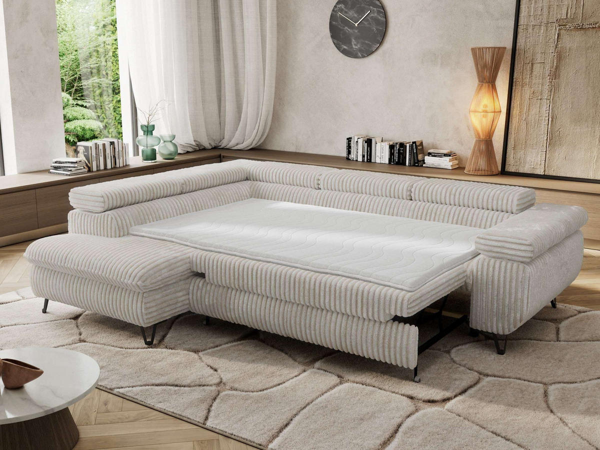 ECKSOFA PABLO L Beige Cord - Links Seite mit Visco Topper - Beige/Schwarz, Textil/Metall (208/273cm) - MKS