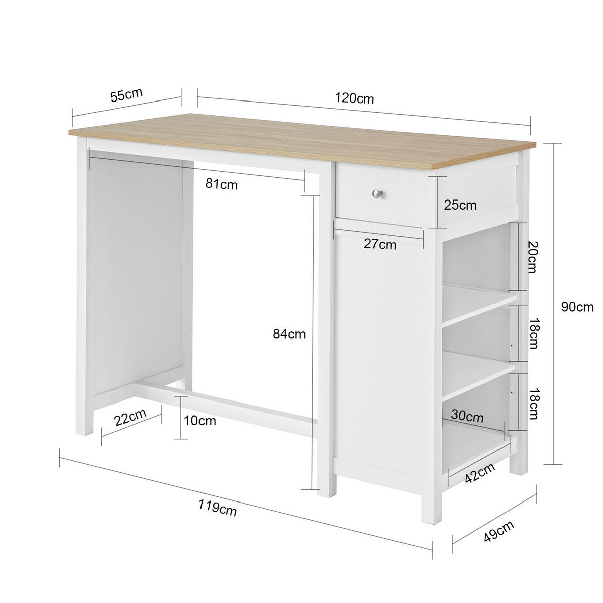 BARTISCH Weiß-Natur - Weiß, Holzwerkstoff (120/90/55cm) - SoBuy