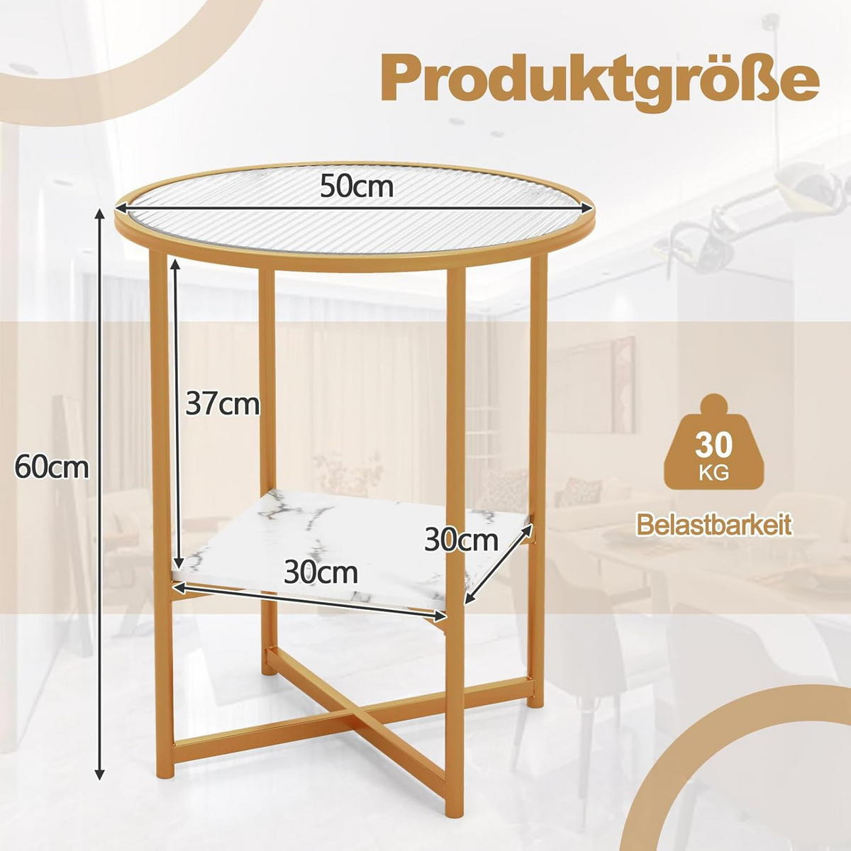 BEISTELLTISCH 60cm Gold - Goldfarben, Glas (50/50/60cm) - COSTWAY
