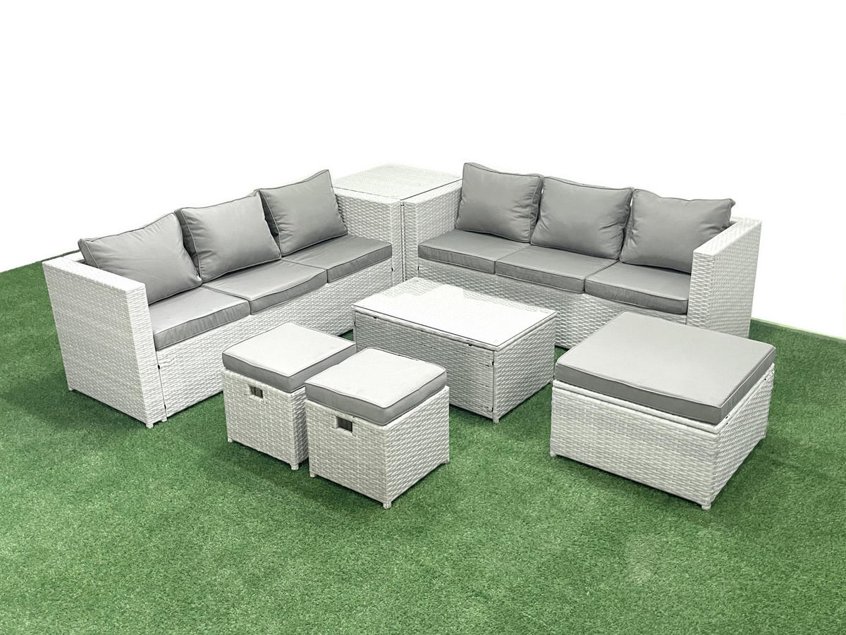 GARTENGARNITUR mit 3-SITZER SOFA,COUCHTISCH Polyrattan Hellgrau-Mix 9-Sitzer - Hellgrau/Grau, Glas/Kunststoff - Fimous