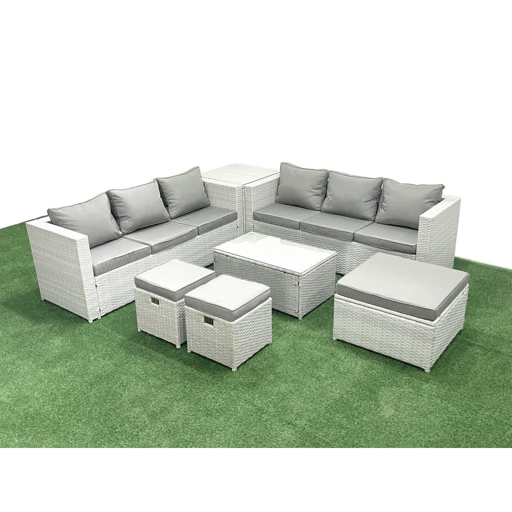 Thumbnail - Fimous Gartengarnitur, Hellgrau, Metall, Kunststoff, Glas, 9-Sitzer, Füllung: Schaumstoff, rechteckig, Loungemöbel, Loun...