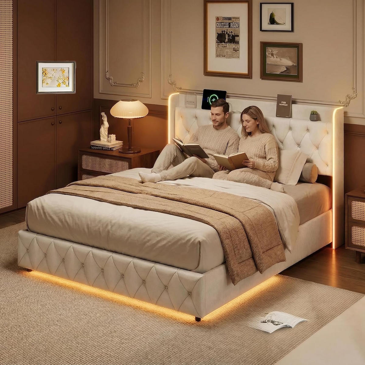 POLSTERBETT,STAURAUMBETT 160/200 cm in Beige aus Samt,Mit LED-Beleuchtung - Beige/Naturfarben, Holz/Textil (160/200cm) - FURNISHINGS HOME