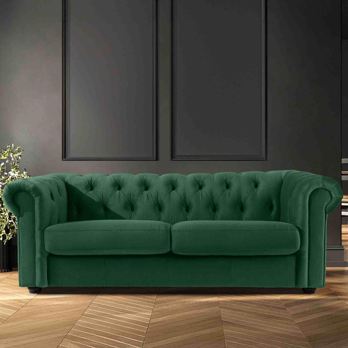 3-SITZER-SOFA GRAVO Chesterfield, Velours - Wengefarben/Dunkelgrün, Leder/Holz (202/72/95cm) - KONSIMO®