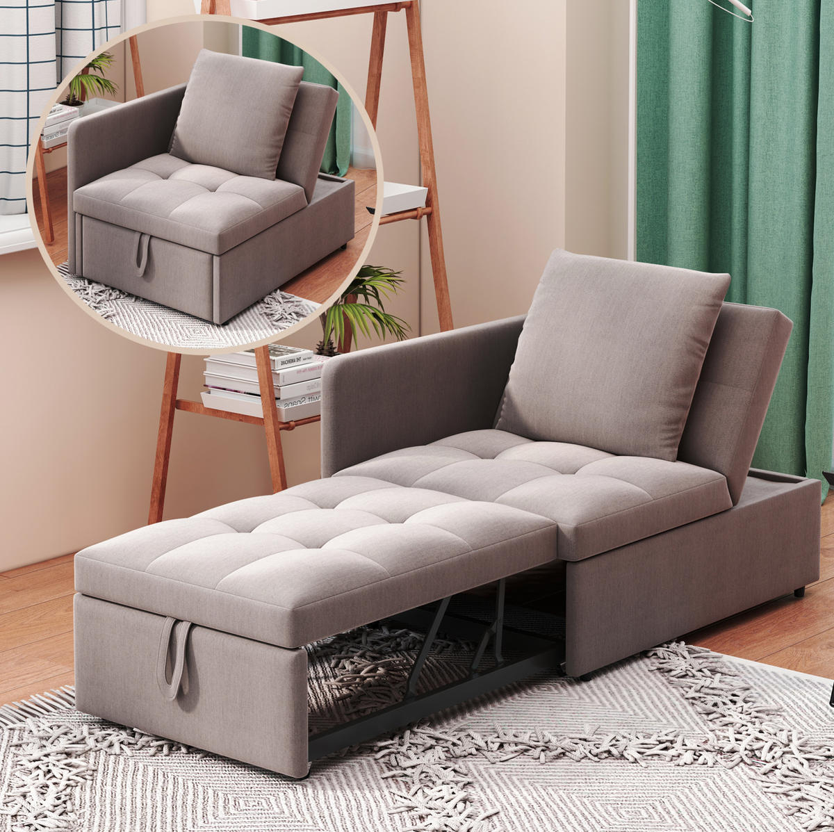 SCHLAFSOFA aus Leinenstoff 177x68x65 cm Grau 3-in-1 mit 5-fach verstellbarer Rückenlehne - Grau, Textil (177/65/68cm) - Modfu