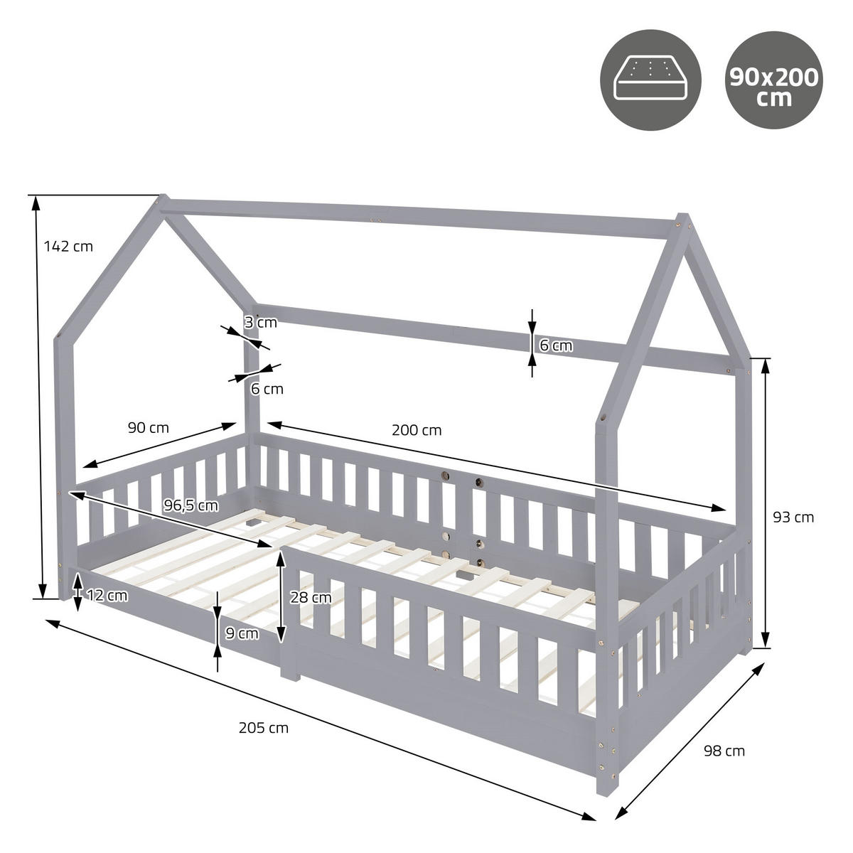 KINDERBETT mit Dach 90x200 cm Hellgrau - Hellgrau, Holz (90/200cm) - ML-DESIGN