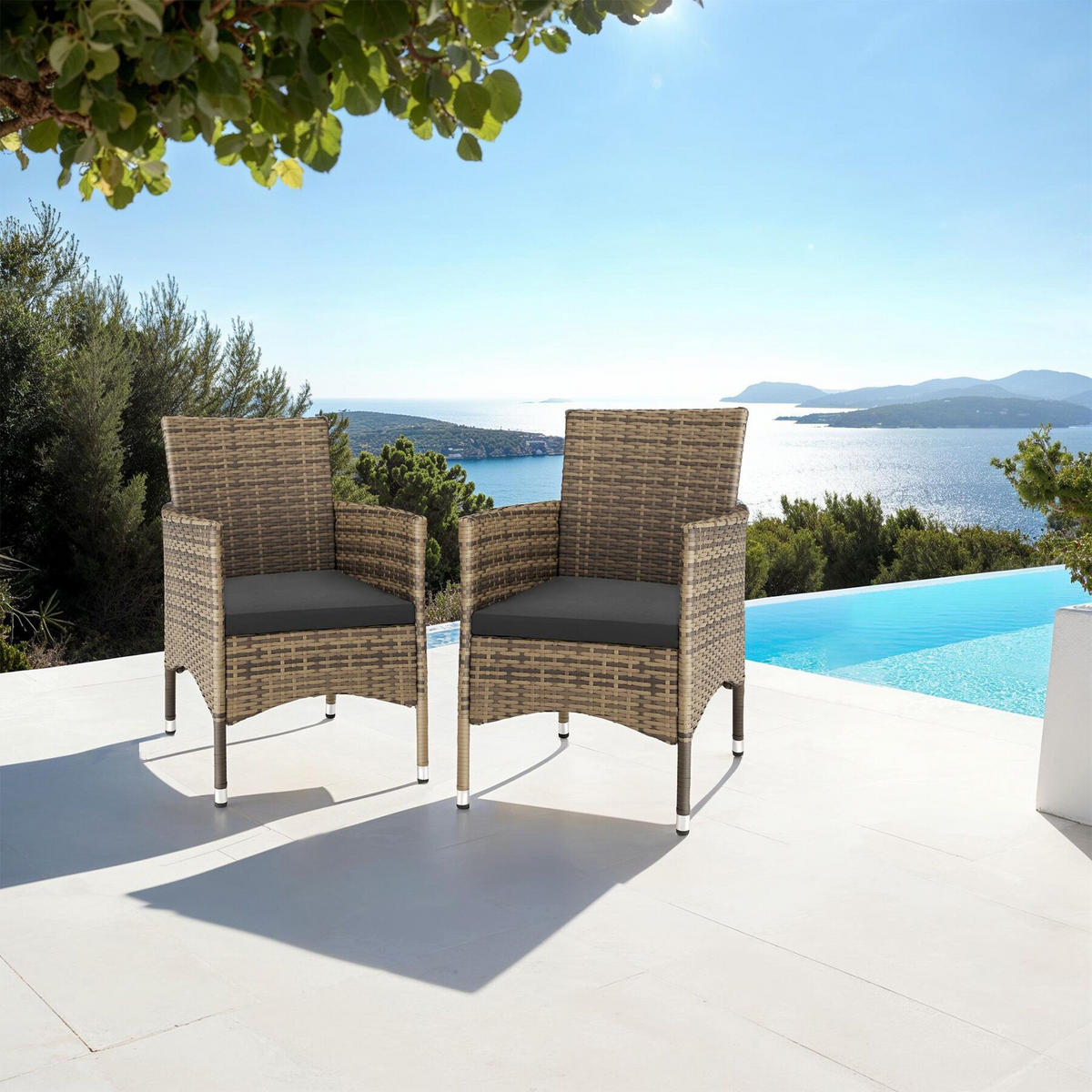 RATTANSTUHL 2er Set Nantes,59 x 57 x 85 cm,natur/dunkelgrau - Naturfarben, Kunststoff (57/85/59cm) - tectake