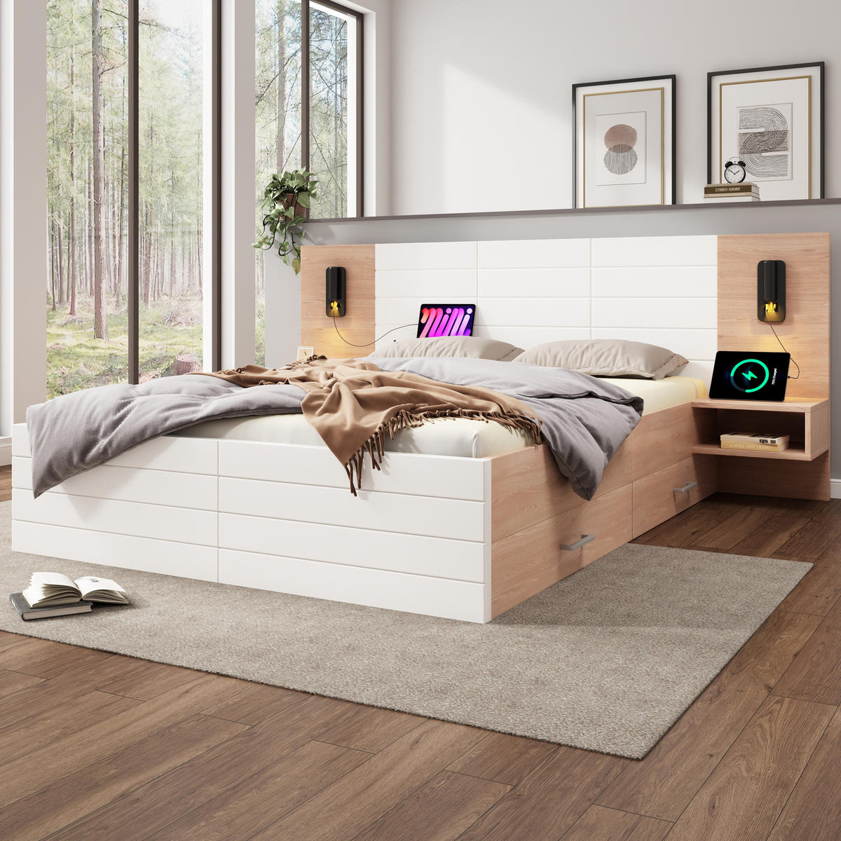 BETT 140/200 cm in Weiß/Eiche mit Matratze, USB und 2 Schubladen - Weiß, Holzwerkstoff (140/200cm) - Flora Grace